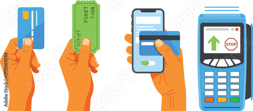 Contactless, payment, ticket, card, smartphone, POS, terminal, transaction, digital, banking, finance, NFC, wireless, purchase, technology, checkout, secure, vector, illustration, set