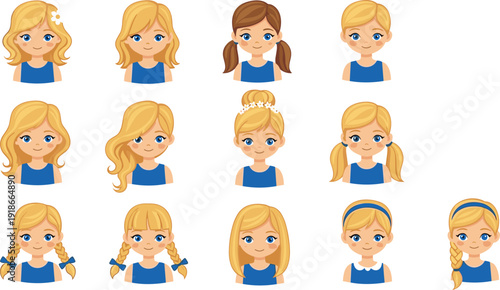Cute blonde girl avatar set cartoon children face icons different hairstyles kids character collection flat vector illustration isolated design pack