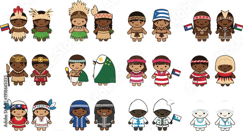 Cute world culture kids characters vector set, traditional costumes children collection, multicultural ethnic cartoon people diversity illustration isolated on white