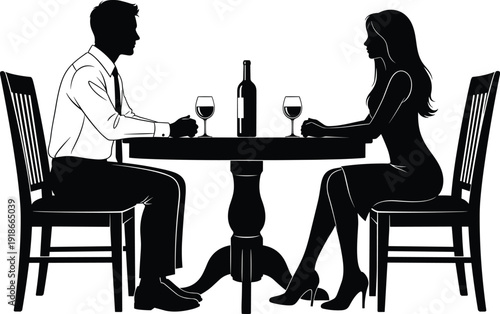 Black and white vector silhouette of an elegant couple sitting at a restaurant table with a wine bottle for romantic date and anniversary branding (