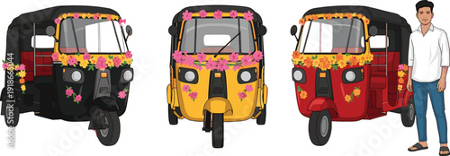 Decorated Indian auto rickshaw vector illustration set, colorful floral tuk tuk taxi with driver character, festive transport vehicle design