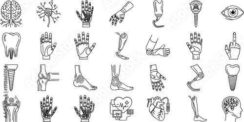Medical Prosthetics and Bionic Limb Icon Set Featuring Artificial Organs Mechanical Hands Robotic Legs Dental Implants and Neural Interface Symbols for Biotechnology and Healthcare Designs