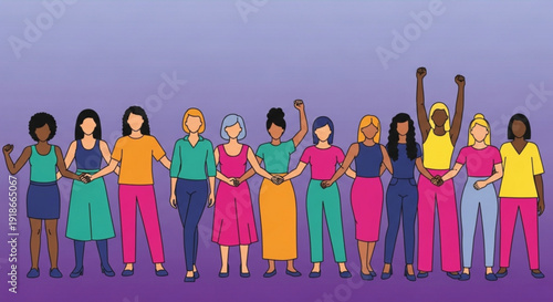 Diverse group of women standing united in solidarity with fists raised colorful outfits purple background