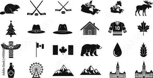 Canada National Symbols Icon Set Featuring Maple Leaf Ice Hockey Sticks Beaver Moose Totem Pole Canadian Flag and Famous Landmarks for Travel and Culture Designs