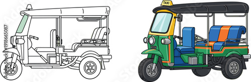 Electric tuk tuk taxi vector illustration, isolated auto rickshaw line art and colored design, urban transport vehicle side view concept