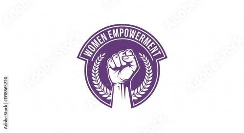 Women empowerment symbol with raised fist and laurel wreath on purple background for social movements and feminist activism