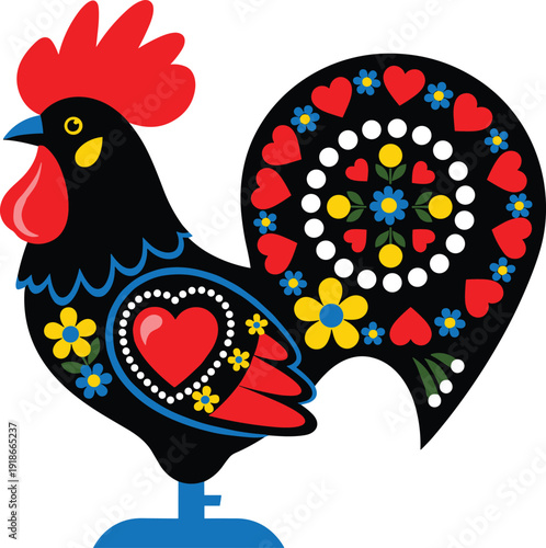 Folk, rooster, floral, ornament, traditional, polish, wycinanki, pattern, decorative, chicken, art, culture, folkart, vector, illustration, colorful, design, heritage, motif, icon