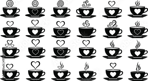 Black vector silhouette icon set of coffee and tea cups with heart shapes and steam for romantic cafe bistro morning breakfast and valentine branding