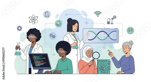 Diverse group of scientists and researchers working together on genetic engineering projects in a modern laboratory setting with various equipment and digital tools