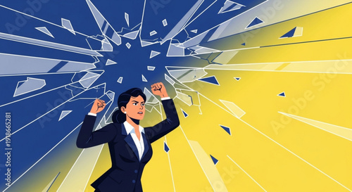 Businesswoman breaking through glass wall symbolizing empowerment and freedom in a vibrant yellow and blue background