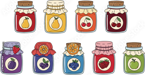 Fruit, jam, jars, collection, homemade, preserves, sweet, dessert, glass, bottle, berry, apple, cherry, label, vector, illustration, food, kitchen, organic, set