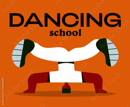 Breakdance School Poster with B-boy Doing Headstand Freeze on Orange Background.