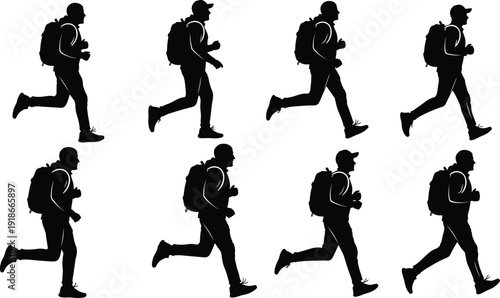 Black vector silhouette icon set of diverse men running and jogging with backpacks for fitness outdoor adventure travel hiking and active lifestyle branding