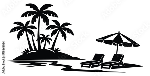Silhouette illustration of a tropical beach scene depicting a relaxing vacation for travel and leisure