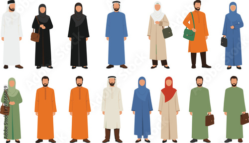 Arab men and women traditional clothing flat vector set, Middle Eastern people characters in abaya thobe hijab illustration