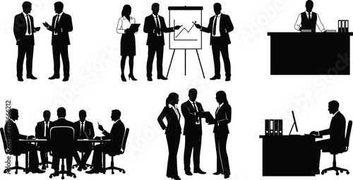 Business people silhouettes set in office work environment including meeting, presentation, desk work, and professional corporate team interaction flat vector illustration.