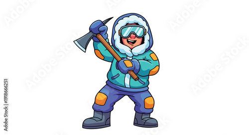 Cartoon character wearing a teal snowsuit and holding an axe on a white background with a playful mood.