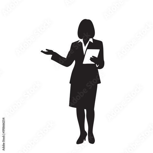 Businesswoman presentation vector black silhouette, female speaker with tablet, confident woman giving speech, corporate training and public speaking concept