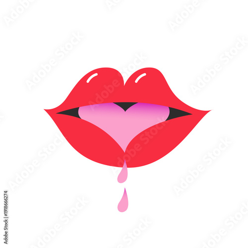 Red Lips With Heart Tongue. Romantic Kiss Symbol.