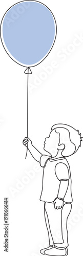 Continuous line drawing of a baby boy holding a flying blue balloon. 