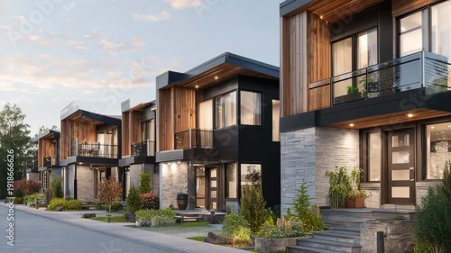 Row of modern homes, A row of contemporary homes featuring sleek designs and large windows