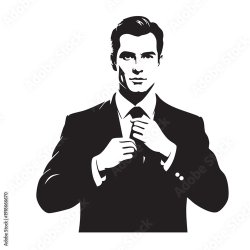Confident businessman adjusting necktie portrait for corporate success concept showing handsome male in formal suit and tie staring forward in black and white minimalist vector illustration design