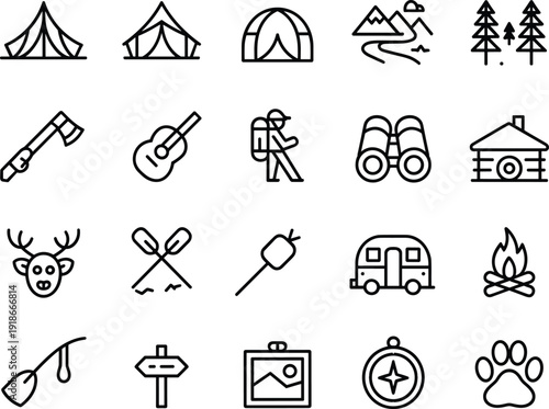 Camping outdoor adventure line icons set, minimal travel vector illustration, hiking equipment symbols for tourism branding and design