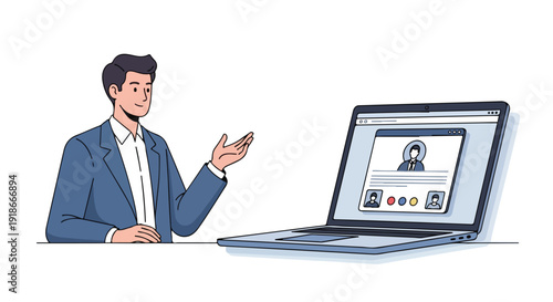 Illustration of a businessman presenting in a video conference on a laptop with a white background.