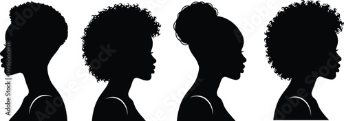 Black woman profile silhouettes with different afro hairstyles set, curly hair, natural hair, beauty fashion heads, cad drawing flat vector illustration.