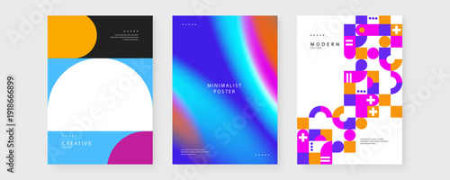 Professional set of three abstract posters featuring block geometry mesh gradients and mosaic patterns