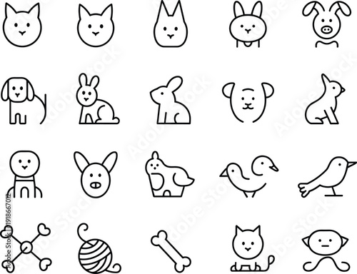 Cute minimal line art animal icons set, pet doodle collection, vector outline illustrations for kids design and branding social media