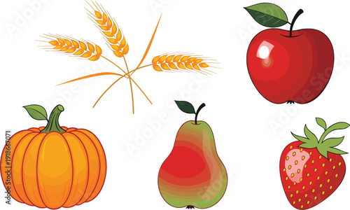 Autumn Harvest Fruit and Vegetable Illustration Set with Pumpkin, Wheat, Apple, Pear, and Strawberry in Colorful Flat Vector Style