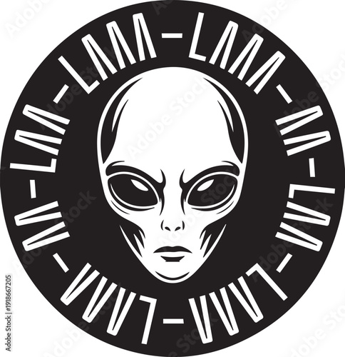Alien head in circular badge with symbols