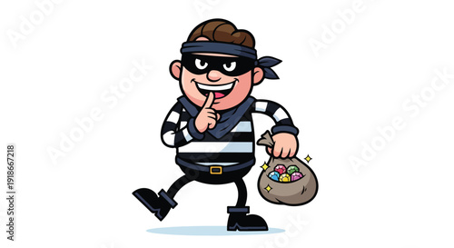 Cartoon thief wearing a black and white striped shirt and a mask, holding a bag of jewels and gesturing to be quiet, on a white background with a playful mood.