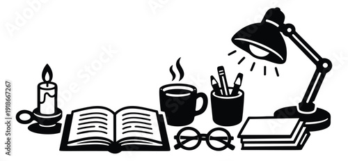 Line art study essentials set featuring an open book, a desk lamp, a steaming mug, and writing tools for learning, reading, or creative work