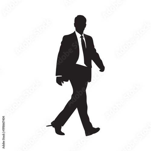 Businessman in a suit and tie walking confidently, a side view silhouette on a white background, demonstrating determination and purpose