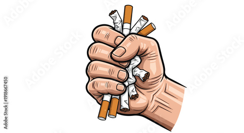 A clenched fist holding broken cigarettes against a white background with a bold statement.