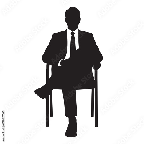 A silhouette of a businessman in a suit sitting casually on a chair with one leg crossed, depicting a relaxed yet professional posture ideal for corporate concepts