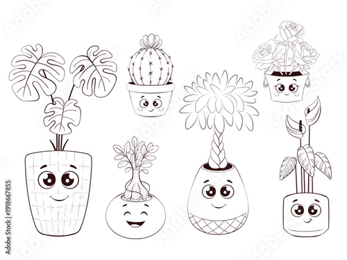 Smiling potted plants with playful faces, line art collection featuring cactus, succulent, monstera and tiny