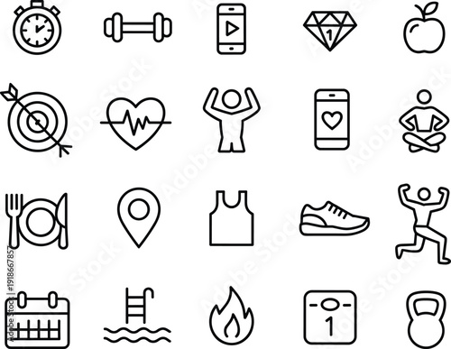 Fitness and healthy lifestyle line icons set, workout nutrition vector illustration, sport activity and wellness outline symbols collection