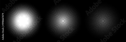 Set of halftone dots gradient pattern texture isolated on white background. Straight dotted spots using halftone circle dot raster texture.