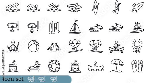 Print Comprehensive Summer Beach and Aquatic Sports Icon Set Featuring Swimming Snorkeling Parasailing Coastal Recreation and Nautical Vacation Symbols