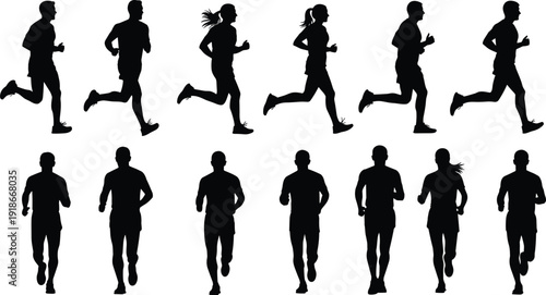 Black vector silhouette set of diverse male and female runners sprinting and jogging for marathon training fitness competition and active healthy lifestyle branding