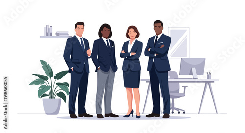 Illustration of four business professionals standing confidently in a modern office setting with a plant and desk.