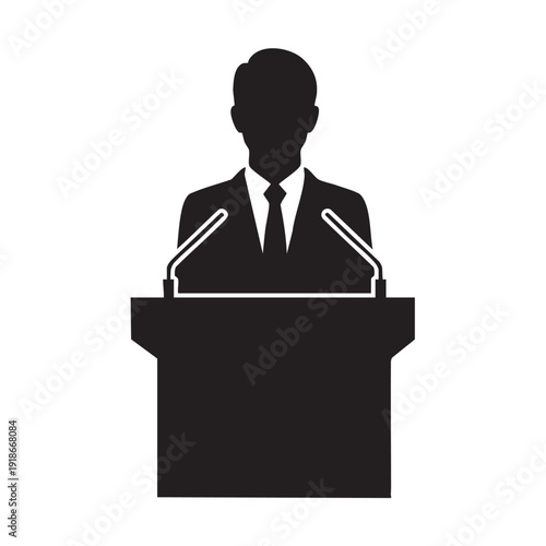 Public speaker silhouette at podium with microphones businessman giving speech presentation conference lecture press briefing seminar politician leader talking formal event communication background