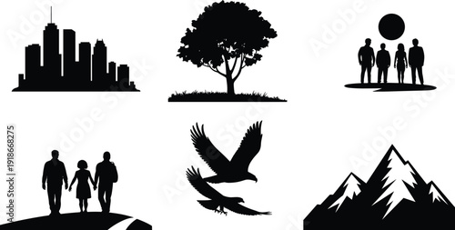 Black silhouettes set of city skyline a leafy tree family groups flying eagles and mountain peaks isolated on white background for multipurpose graphic design