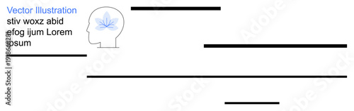 Mental health, cannabis research, alternative medicine, neuroscience, healthcare, wellness. A human head outline with a brain area by a leaf. Mental health and cannabis research concepts