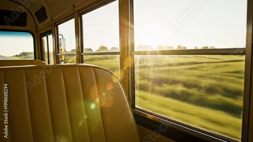 Point of view shot from an empty seat inside a moving school bus looking out the large window at sunlight streaming across green suburban fields quiet, school, route