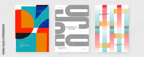 A diverse set of three high-quality poster designs including Bauhaus geometry black and white line art and colorful grid patterns