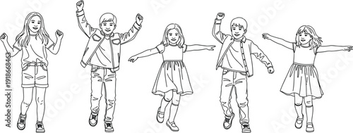 Black vector line art illustration set of happy diverse children jumping and dancing with joy for childhood education active lifestyle and youth branding
